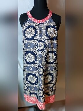 THML Anthropologies Women's M Haltwr Neck Dress-Navy/Red/Cream Floral/Geometric